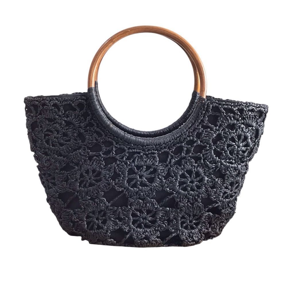 French Connection Black Crochet Tote Bag With Wooden Handles
